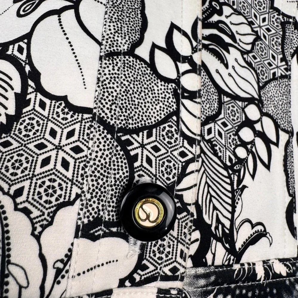 St John Sport Jacket Womens Medium Black‎ White Floral Button Up Cotton Stretch